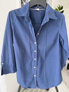 J. Crew Navy Blue Stretch Button-Front top, 3/4 Sleeve, Tailored Fit Large, 90’s
